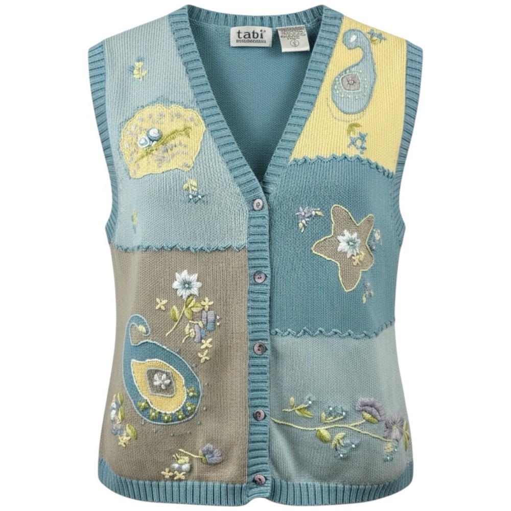 Tabi Vintage Embroidered Colour Block Knit Vest Size Medium